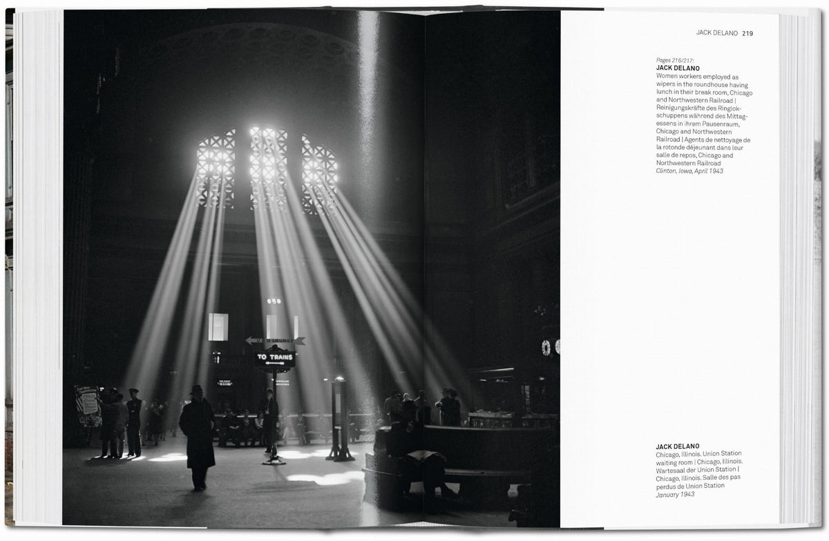 Open book showing a black and white photograph of Union Station in Chicago with light beams and people around, on a white background.