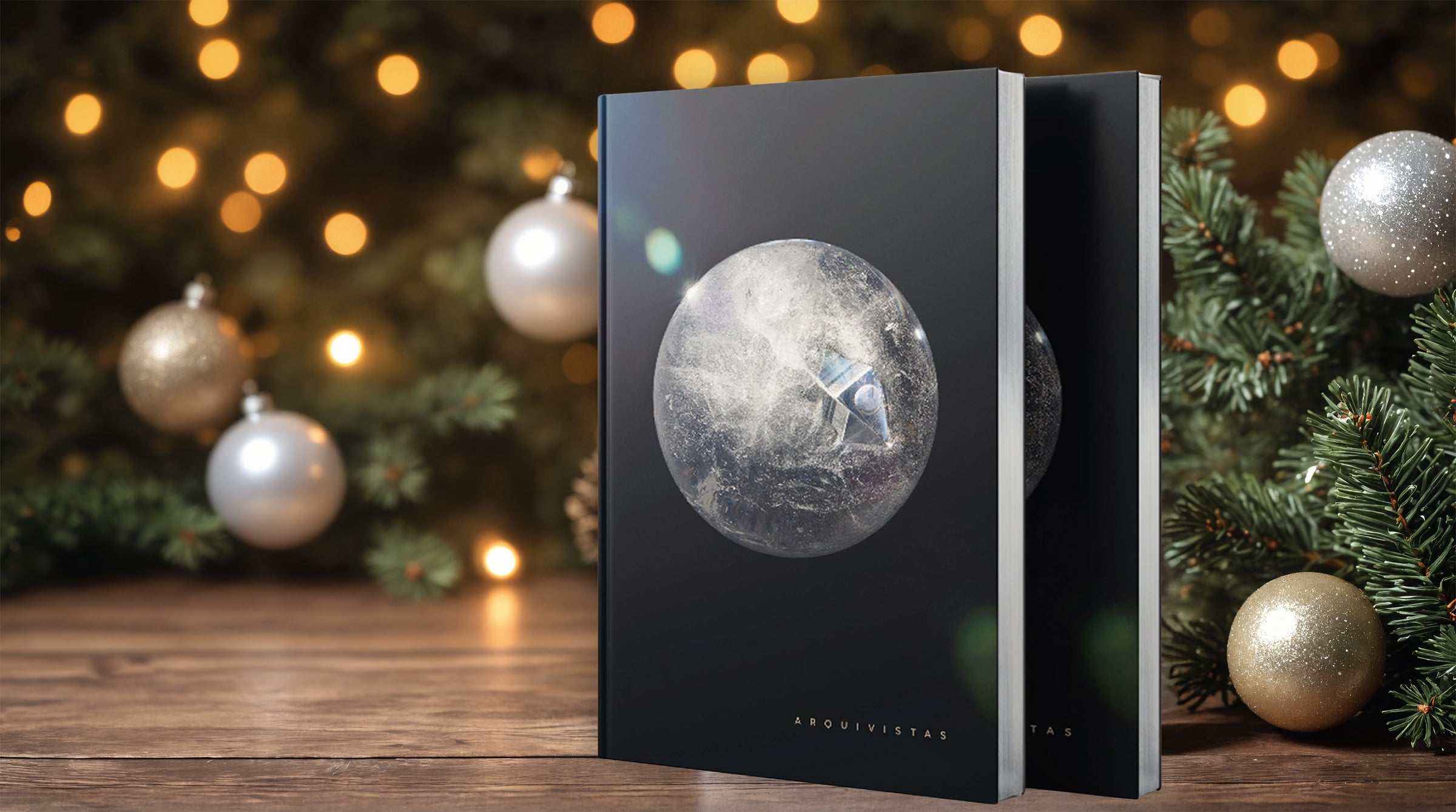ARQUIVISTAS, luxury coffee table book.  Black book with polished clear quartz enhydro sphere on front. Arquivistas is in small modern letters on the bottom right cover in gold foil stamp. book is photographed against evergreen, blurred holiday lights, gold and silver ornaments. 